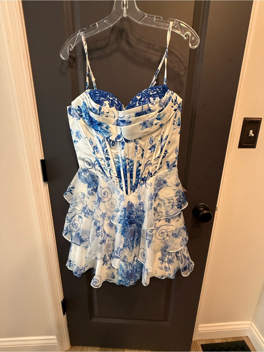 New Blue and White Floral Strapless Sweetheart Dress